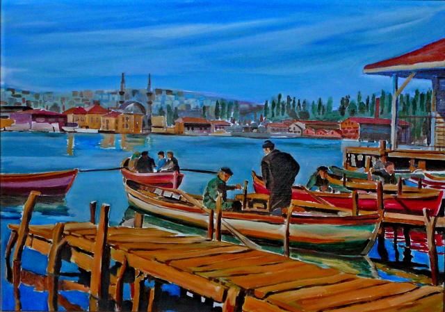 Painting titled "haliçte sandalcılar" by İSmail Üner, Original Artwork