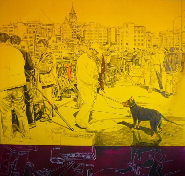 Schilderij getiteld "Galata Köprüsü nden" door İSmail Üner, Origineel Kunstwerk