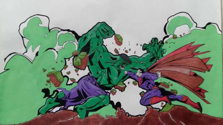 Malerei mit dem Titel "Hulk VS Superman" von Xavier Nowakowski, Original-Kunstwerk, Andere