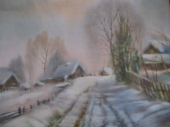 Pittura intitolato "Зима в деревне." da Unknown Artist, Opera d'arte originale
