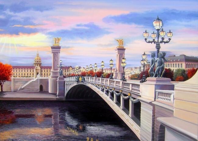 Malarstwo zatytułowany „Bridge in Paris -Al…” autorstwa Unknown Artist, Oryginalna praca, Olej