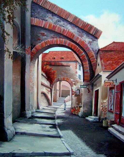 Peinture intitulée "Old street in Braso…" par Unknown Artist, Œuvre d'art originale, Huile