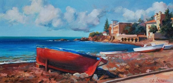 Painting titled "Red boat on the sea…" by Unknown Artist, Original Artwork, Oil