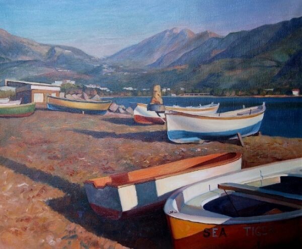 Painting titled "coloured boats" by Unknown Artist, Original Artwork