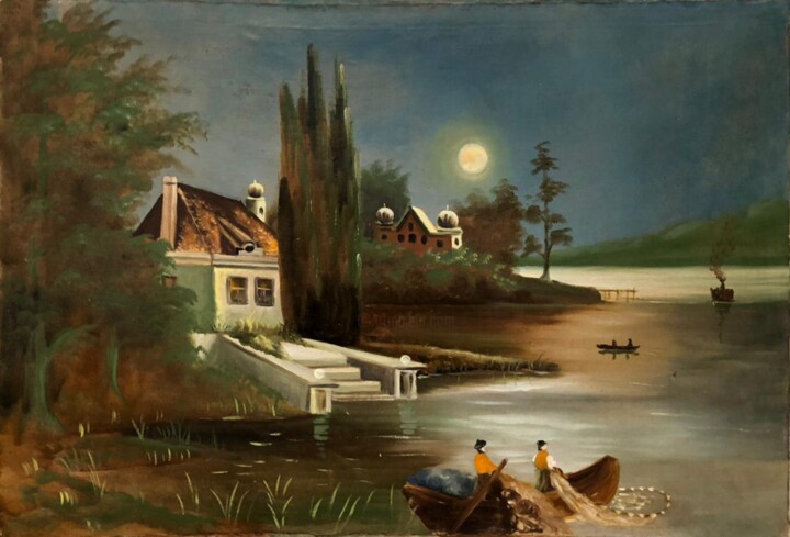 Schilderij getiteld "Moonlit Night over…" door Unknown Artist, Origineel Kunstwerk, Olie