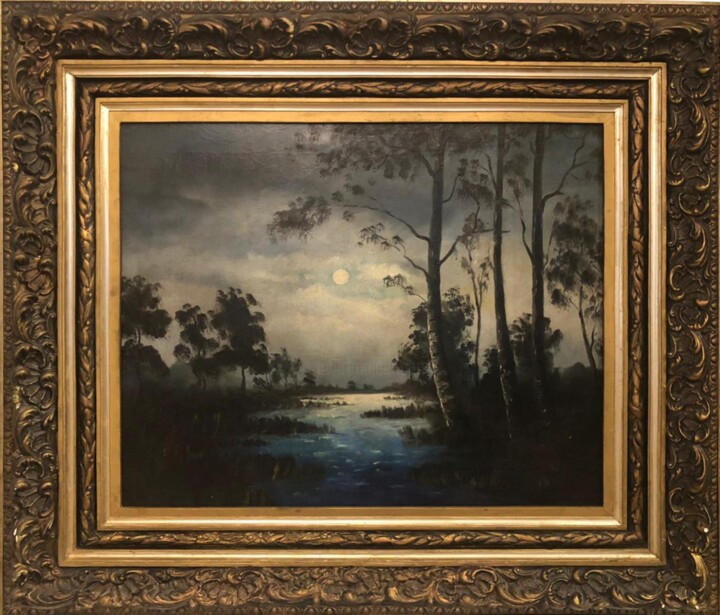 "Night Waterscape" başlıklı Tablo Unknown Artist tarafından, Orijinal sanat, Petrol