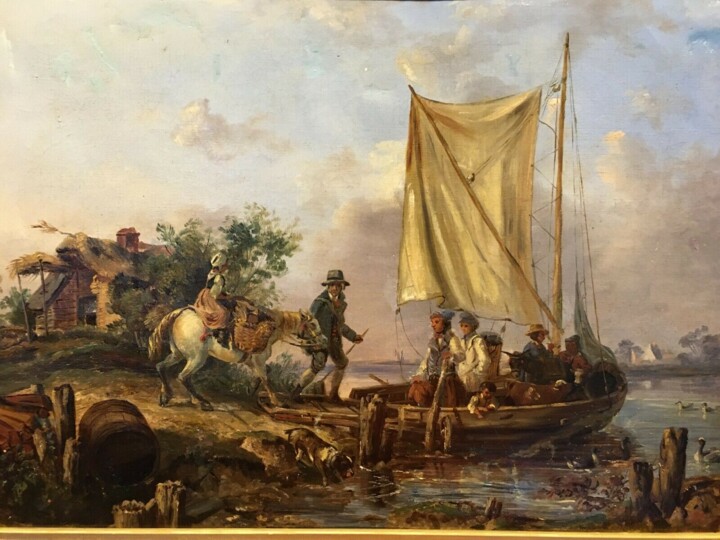 Painting titled "Passage du gué" by Unknown Artist, Original Artwork, Oil Mounted on Wood Stretcher frame