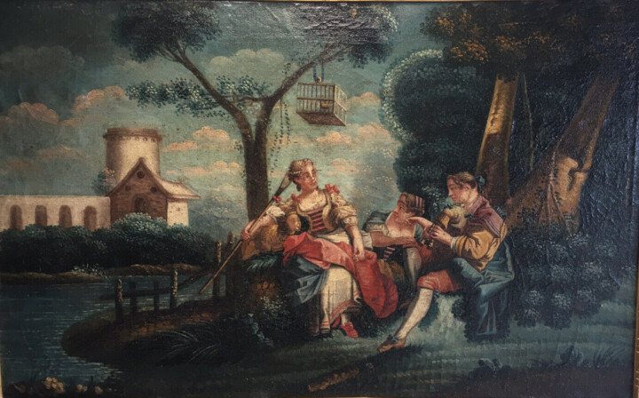 Painting titled "Le joueur de cornem…" by Unknown Artist, Original Artwork, Oil Mounted on Wood Stretcher frame