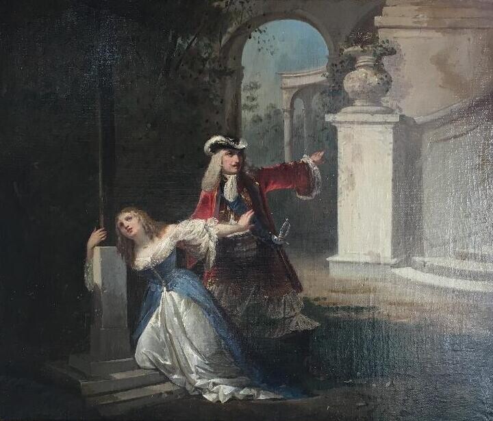 Painting titled "Scène Galante Théât…" by Unknown Artist, Original Artwork, Oil