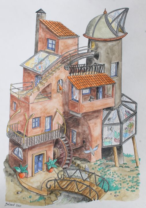 Drawing titled "la maison moulin" by Un Monde Plus Mieux, Original Artwork, Watercolor