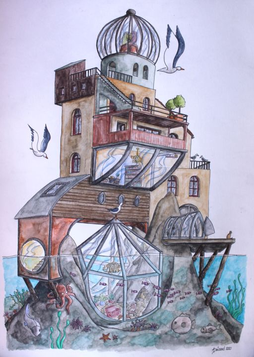 Drawing titled "la maison phare" by Un Monde Plus Mieux, Original Artwork, Watercolor