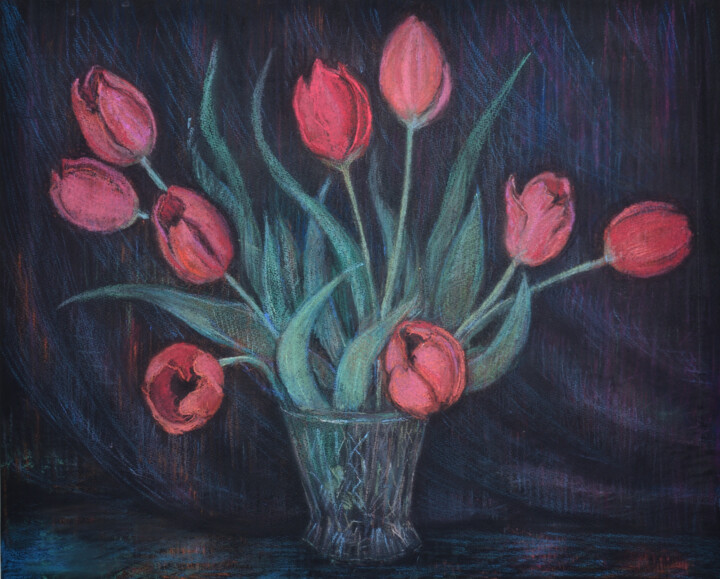 Картина под названием ""Тюльпаны"" - Юнона Ненахова, Подлинное произведение искусства, Пастель