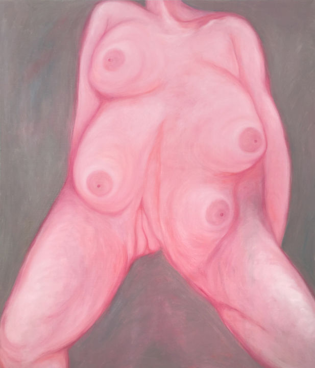 Painting titled "Red nude" by Unos Lee, Original Artwork, Oil Mounted on Wood Stretcher frame