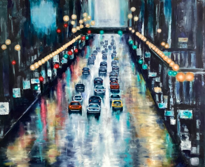 Malerei mit dem Titel "Rainy city" von Iryna Budai, Original-Kunstwerk, Öl