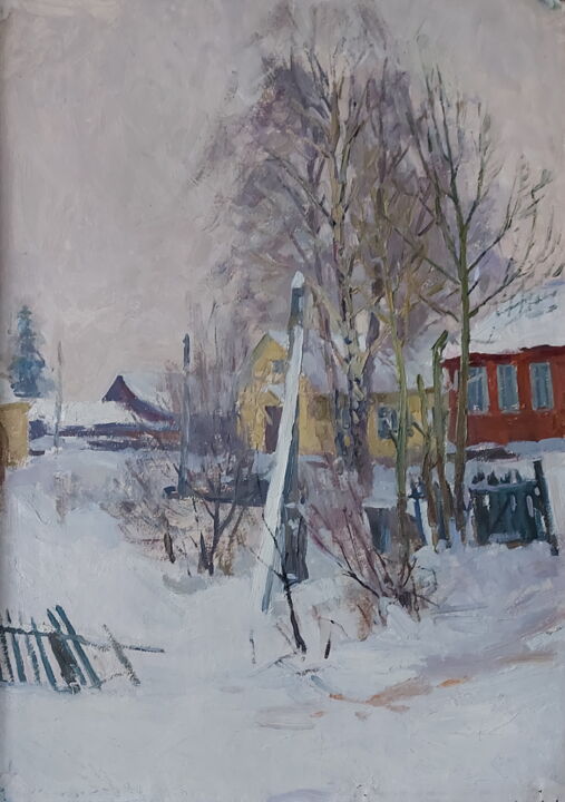 Schilderij getiteld "Зимняя деревня" door Iurii Viktorovich Gusev, Origineel Kunstwerk, Olie Gemonteerd op Karton