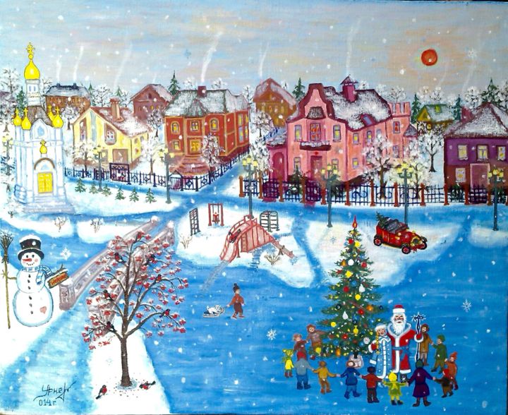 Картина под названием "Новогодняя сказка" - Alexandr Urnev, Подлинное произведение искусства, Масло