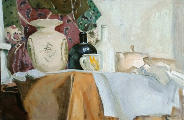 Painting titled "natură moartă 20.19" by Maria Ursatiev-Verdeș (URSATIEV.M), Original Artwork, Oil Mounted on Wood Stretcher…
