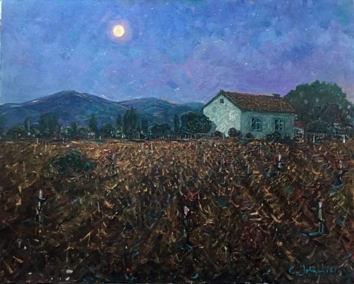 Картина под названием "Вечер в деревне" - Евгений Урванцев, Подлинное произведение искусства, Масло