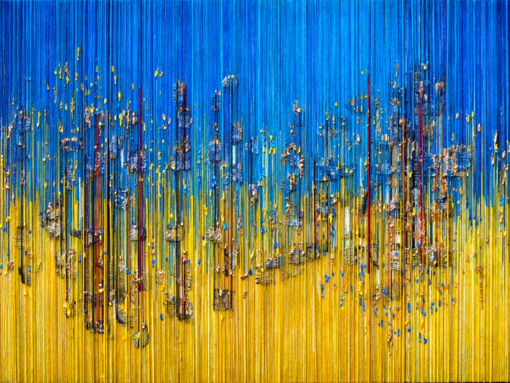 Collages intitulée "Shattered" par Eric Goldstein, Œuvre d'art originale, Tapisserie Monté sur Panneau de bois