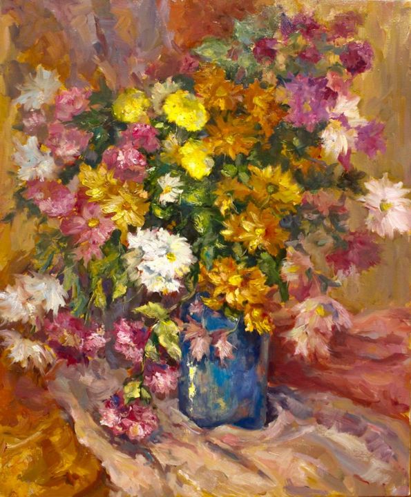Картина под названием "Evening flowers" - Ruslan Prus, Подлинное произведение искусства, Масло