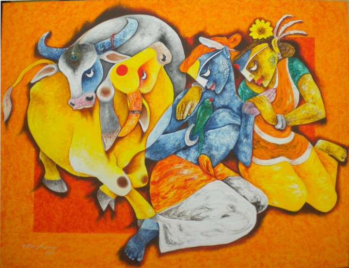 Painting titled "love of indigenous" by Uttam Manna, Original Artwork, Acrylic