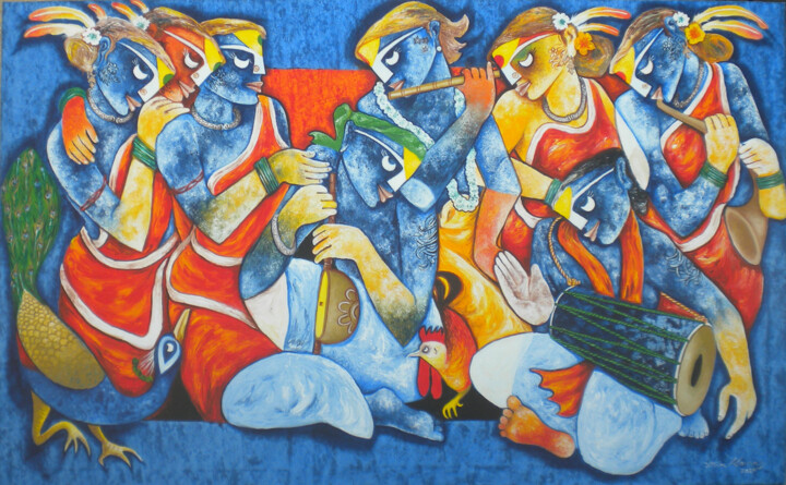 Painting titled "Tribal music Band" by Uttam Manna, Original Artwork, Acrylic