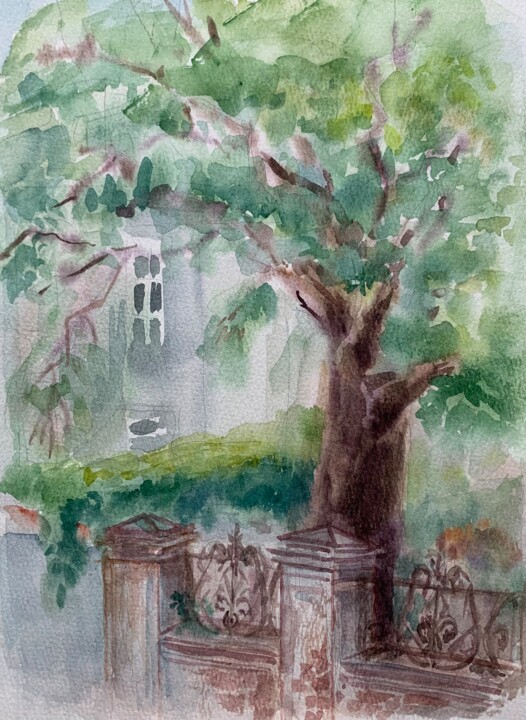 Painting titled "Summertime yard" by Evgenia Uvarova (Smirnova), Original Artwork, Watercolor