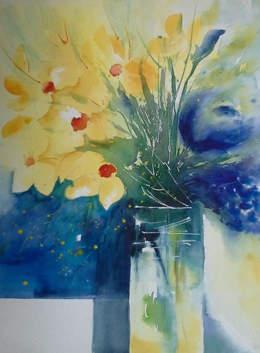 Картина под названием "Yellow flowers" - Les Aquarelles D’Uve, Подлинное произведение искусства, Акварель