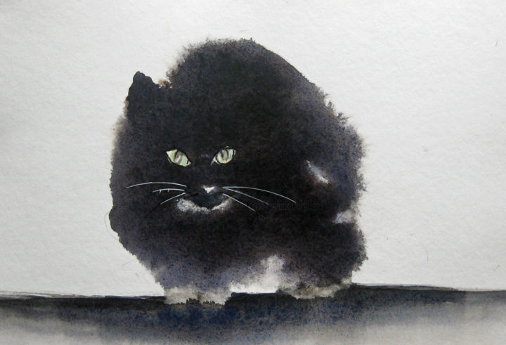 Peinture intitulée "Chat noir" par Les Aquarelles D’Uve, Œuvre d'art originale, Aquarelle