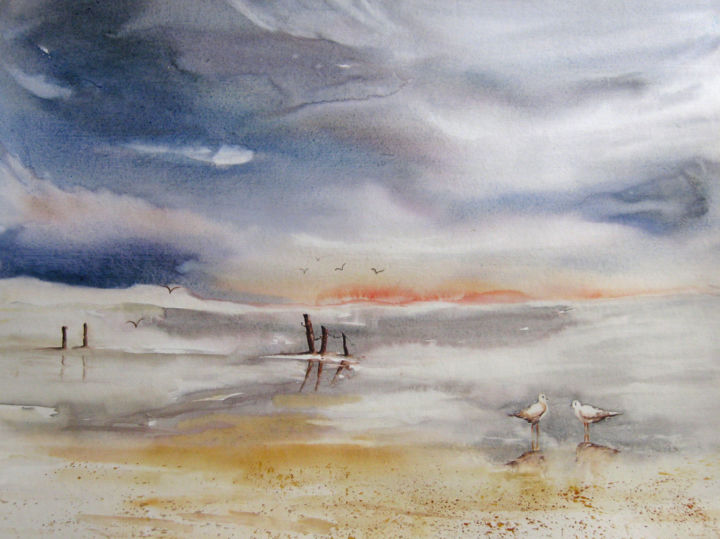 Peinture intitulée "Entre ciel et mer" par Les Aquarelles D’Uve, Œuvre d'art originale, Aquarelle