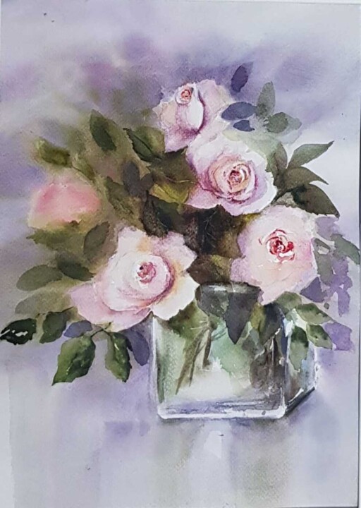 Malerei mit dem Titel "Quelques roses" von Les Aquarelles D’Uve, Original-Kunstwerk, Aquarell