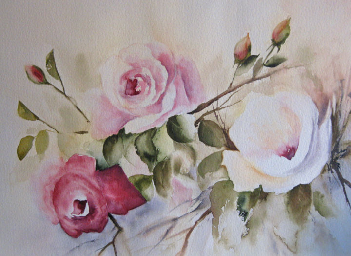 绘画 标题为“Roses anciennes” 由Les Aquarelles D’Uve, 原创艺术品, 油