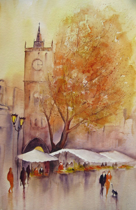 Painting titled "Le Marché d'Aix en…" by Les Aquarelles D’Uve, Original Artwork, Watercolor