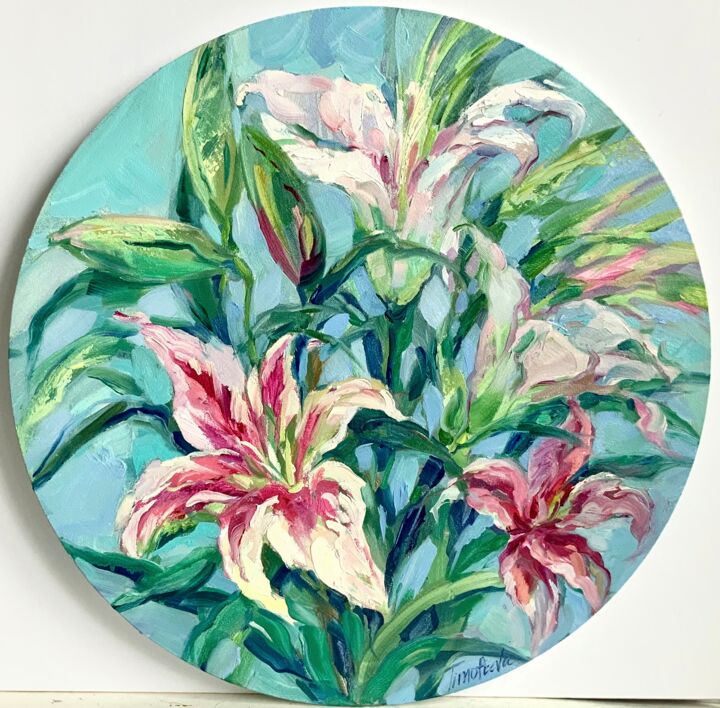 Painting titled "White lilies-home d…" by Tatiana Timofeeva, Original Artwork, Oil Mounted on Wood Stretcher frame