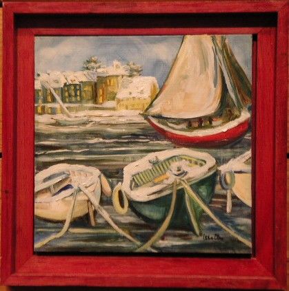 Peinture intitulée "Barques eneigées su…" par Uxelles, Œuvre d'art originale