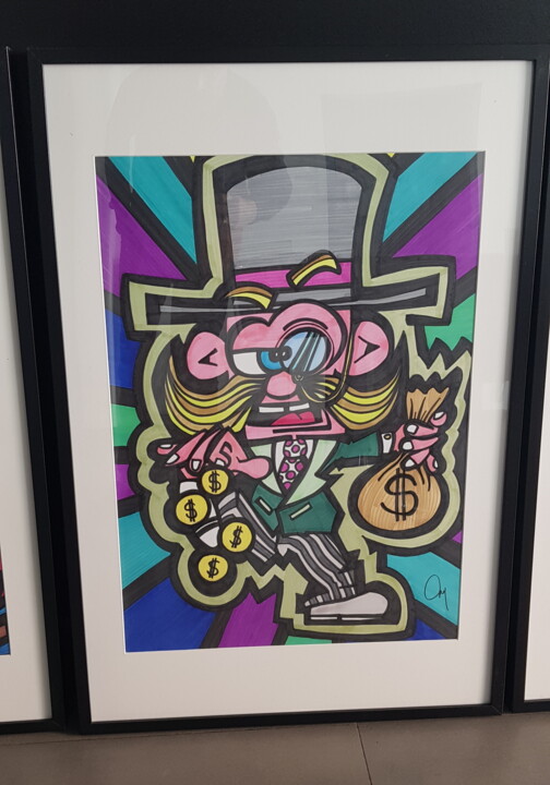 Drawing titled "The banker" by D-Art, Original Artwork, Ink Mounted on Wood Panel