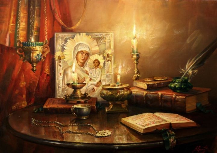 Картина под названием "натюрморт с иконой…" - Владимир Екимов, Подлинное произведение искусства, Масло