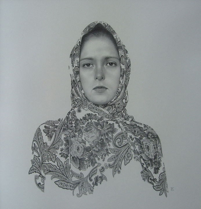 Disegno intitolato ""Девушка в платке"" da Vitalii Grigorev, Opera d'arte originale, Carbone