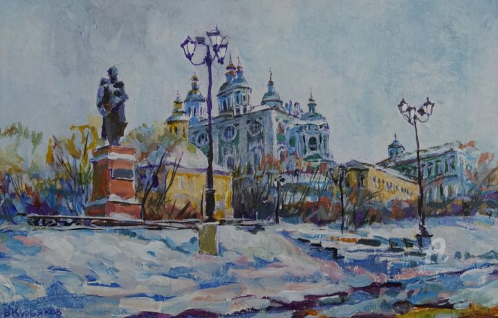 Картина под названием "Соборный холм зимой" - Владимир Курьяков (Vladimir Kuryakov), Подлинное произведение искусства, Масло…