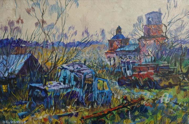 Картина под названием "Деревня." - Владимир Курьяков (Vladimir Kuryakov), Подлинное произведение искусства, Масло Установлен…