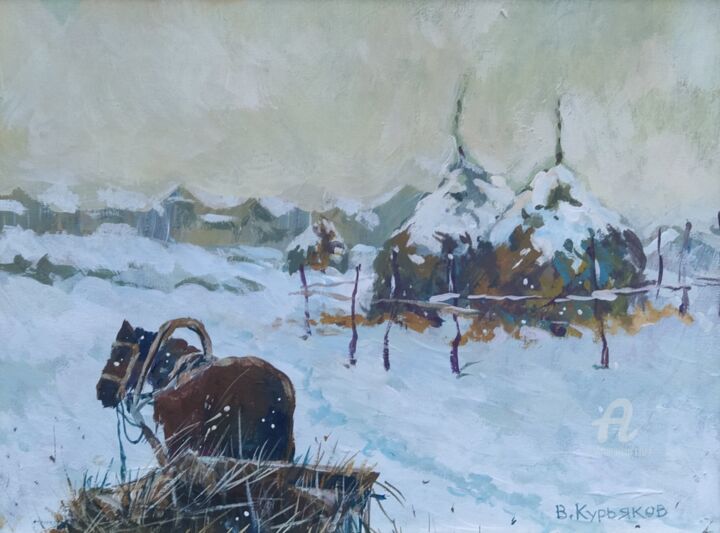 Peinture intitulée "Деревня, стога сена" par Vladimir Kuriakov (Vladimir Kuryakov), Œuvre d'art originale, Huile Monté sur C…