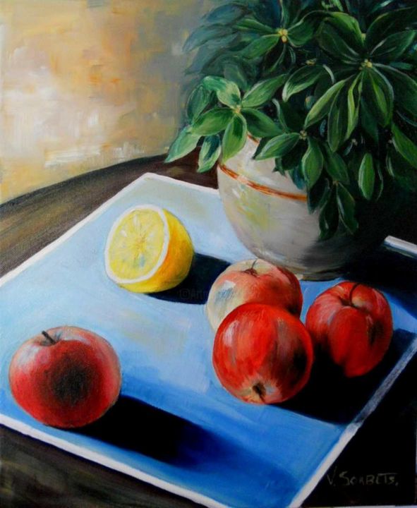 Pintura intitulada "" 4 pommes"" por Valerie Sorbets, Obras de arte originais, Óleo