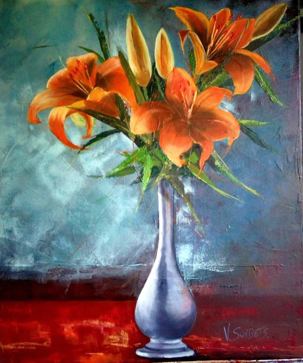 Painting titled "" lys oranges"" by Valerie Sorbets, Original Artwork, Oil