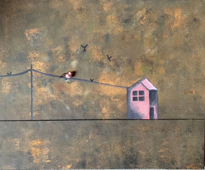 Painting titled "La maison rose" by Wilcox, Original Artwork, Oil Mounted on Wood Stretcher frame