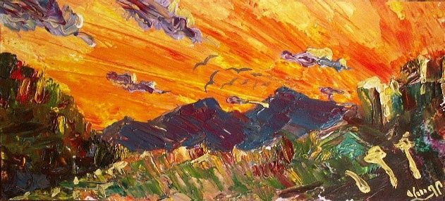 Картина под названием "Sunset in mountains" - Vachagan Gratian, Подлинное произведение искусства, Масло