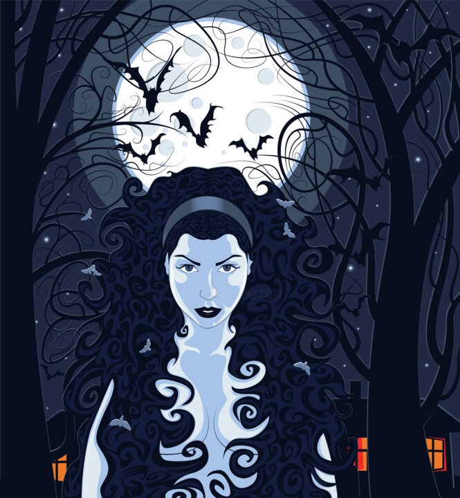 Цифровое искусство под названием "Девушка и луна." - Вадим Анкудинов, Подлинное произведение искусства, Цифровая живопись