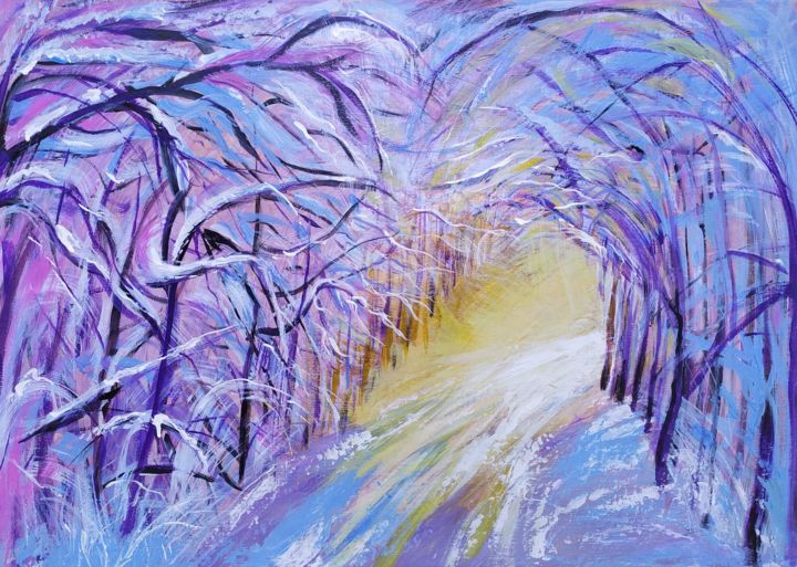 Painting titled "Winter road" by Marina Dinin, Original Artwork, Acrylic Mounted on Wood Stretcher frame