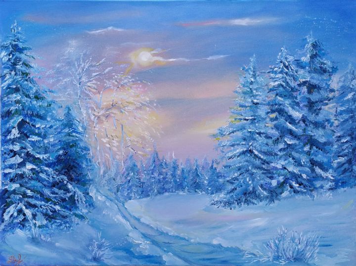 Painting titled "Winter's tale" by Marina Dinin, Original Artwork, Oil Mounted on Wood Stretcher frame
