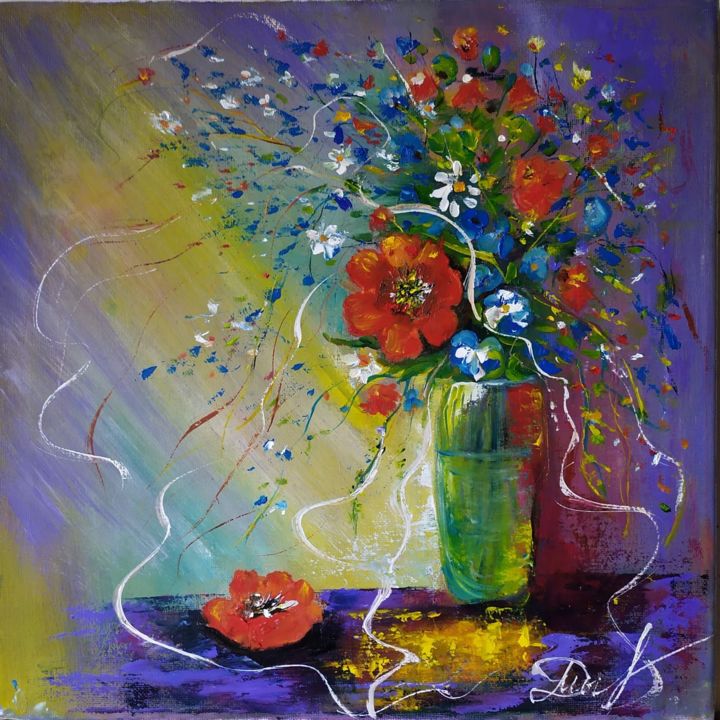 Painting titled "Flowers as a gift" by Marina Dinin, Original Artwork, Lacquer Mounted on Wood Stretcher frame