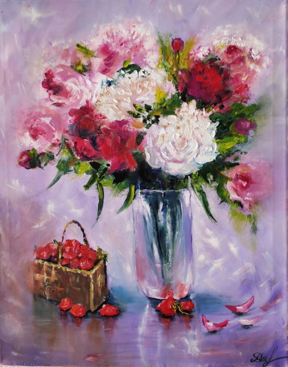 Картина под названием "Summer Peonies-Stil…" - Marina Dinin, Подлинное произведение искусства, Масло Установлен на Подрамник